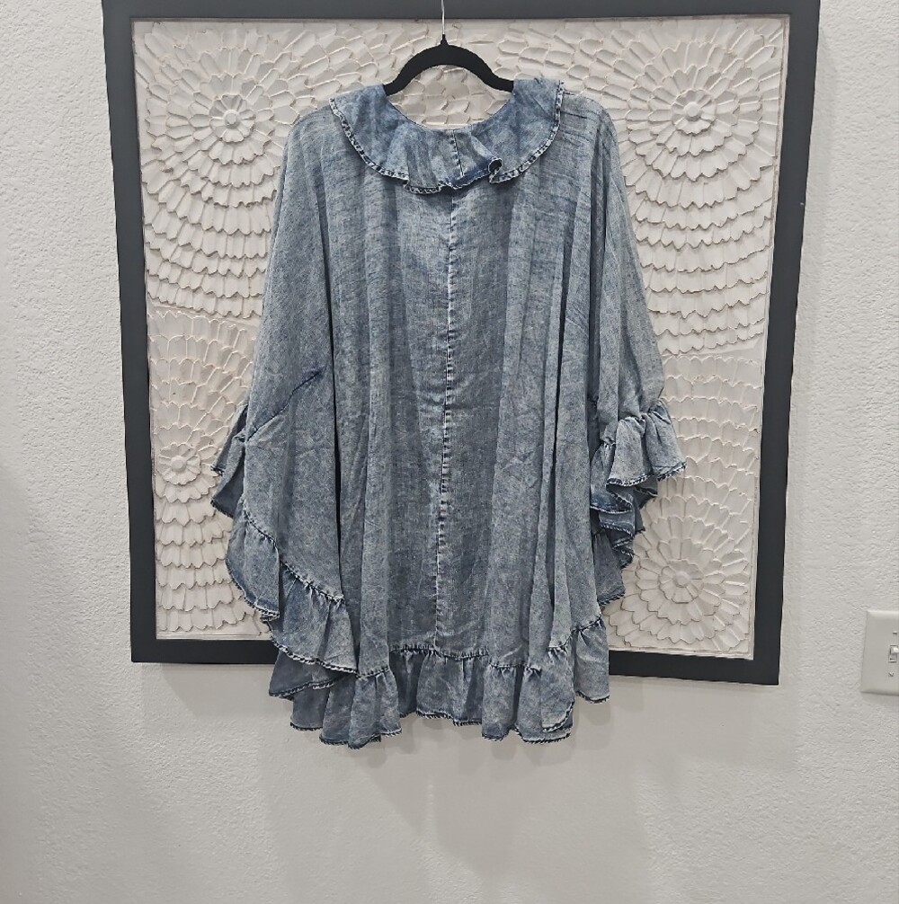 Washed Blue Ruffle Button-Front Women’s Top - Picture 5 of 7